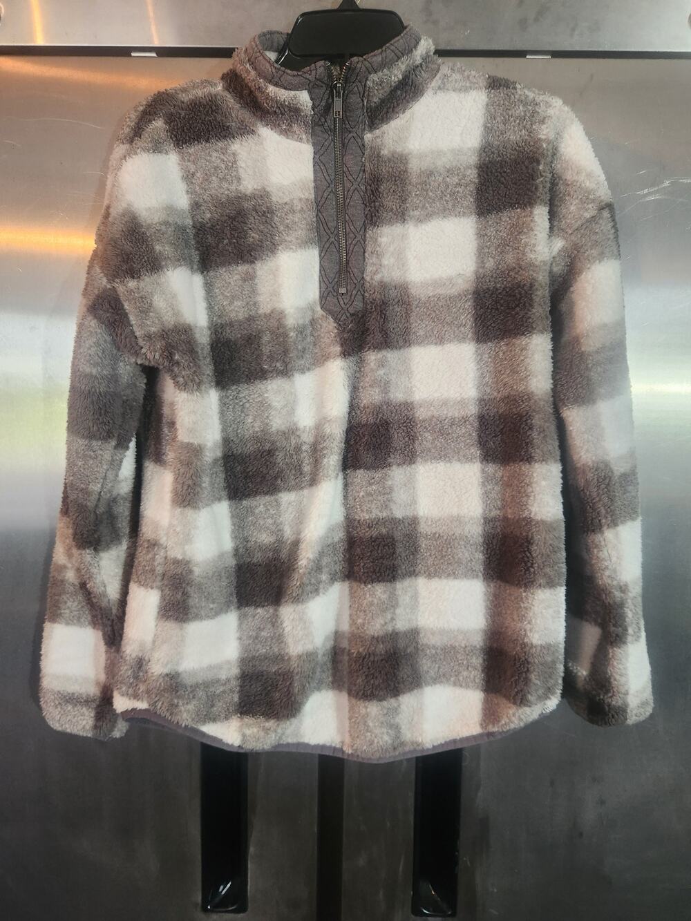 Maurices Sherpa Plaid Quarter Zip Pullover Gray Cream Womens Size S